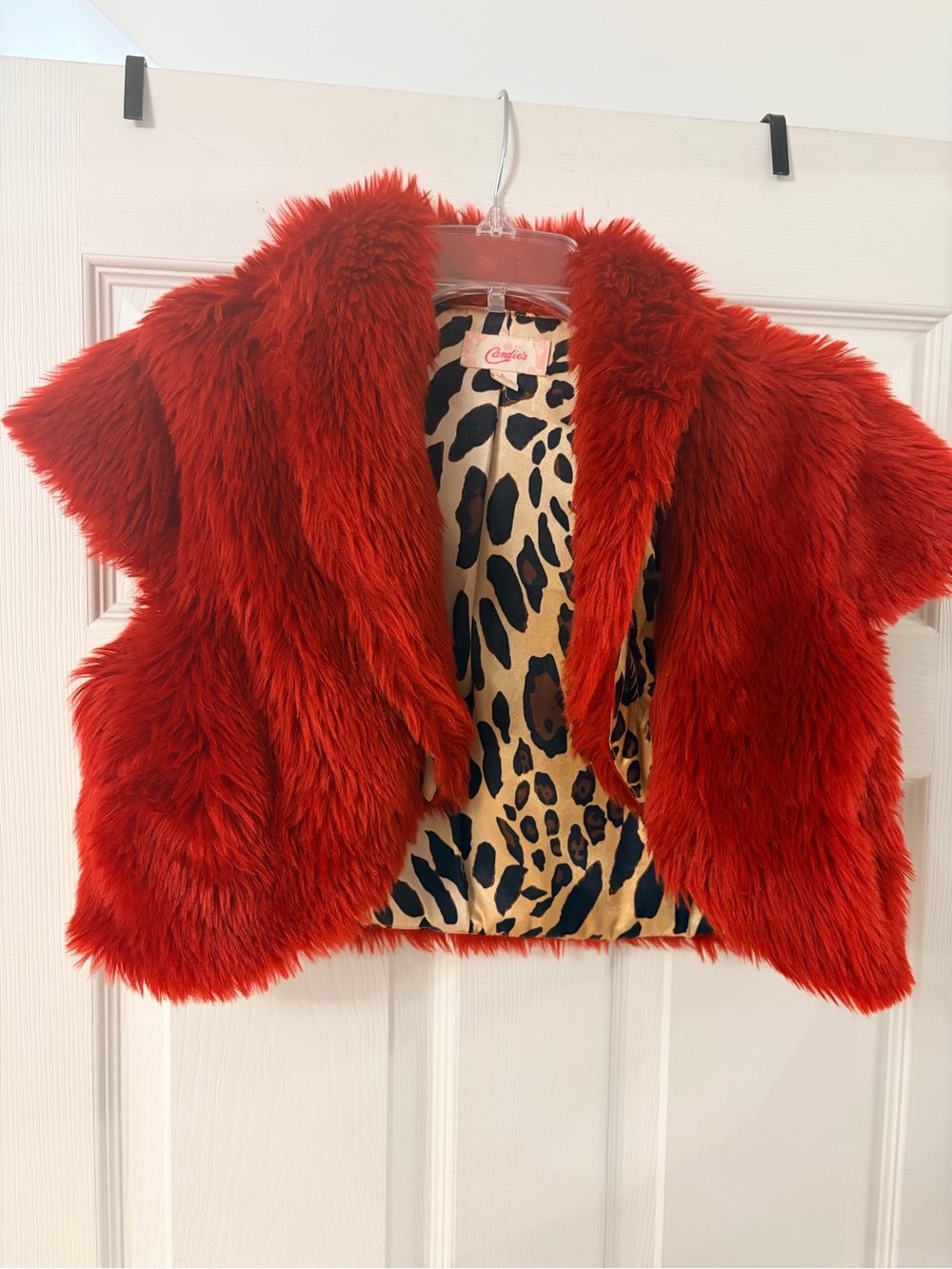 Candie's Vibrant Red Faux Fur Cropped Cape with Leopard-Print Lining